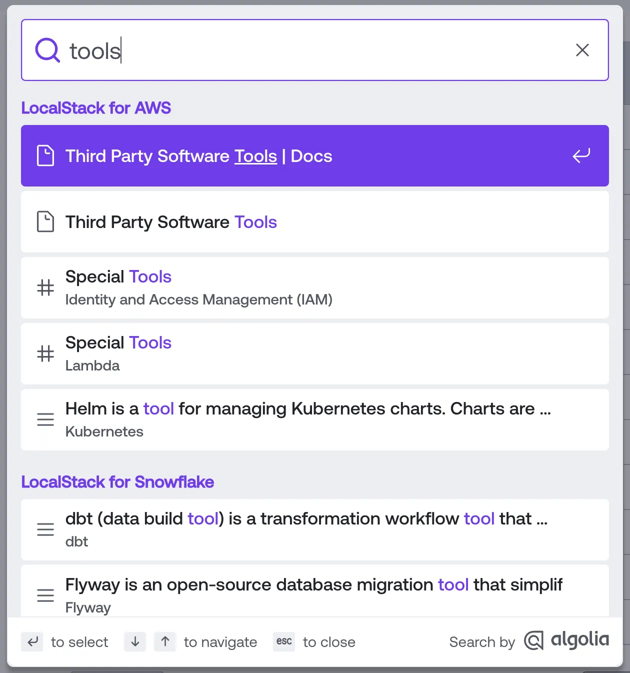 Improved algolia search results for both LocalStack for AWS and Snowflake