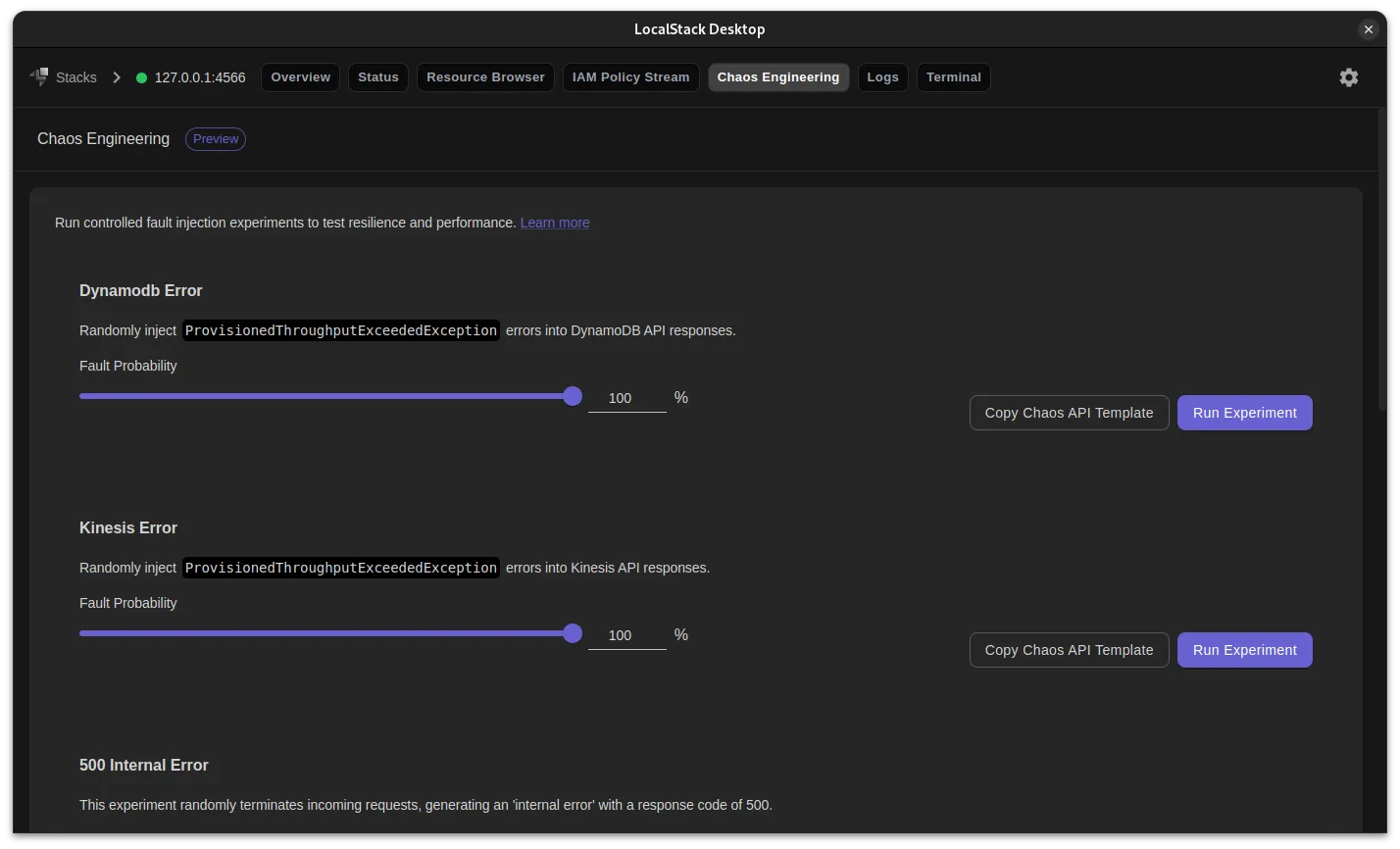 Image of LocalStack Desktop Application showcasing the Chaos Engineering page