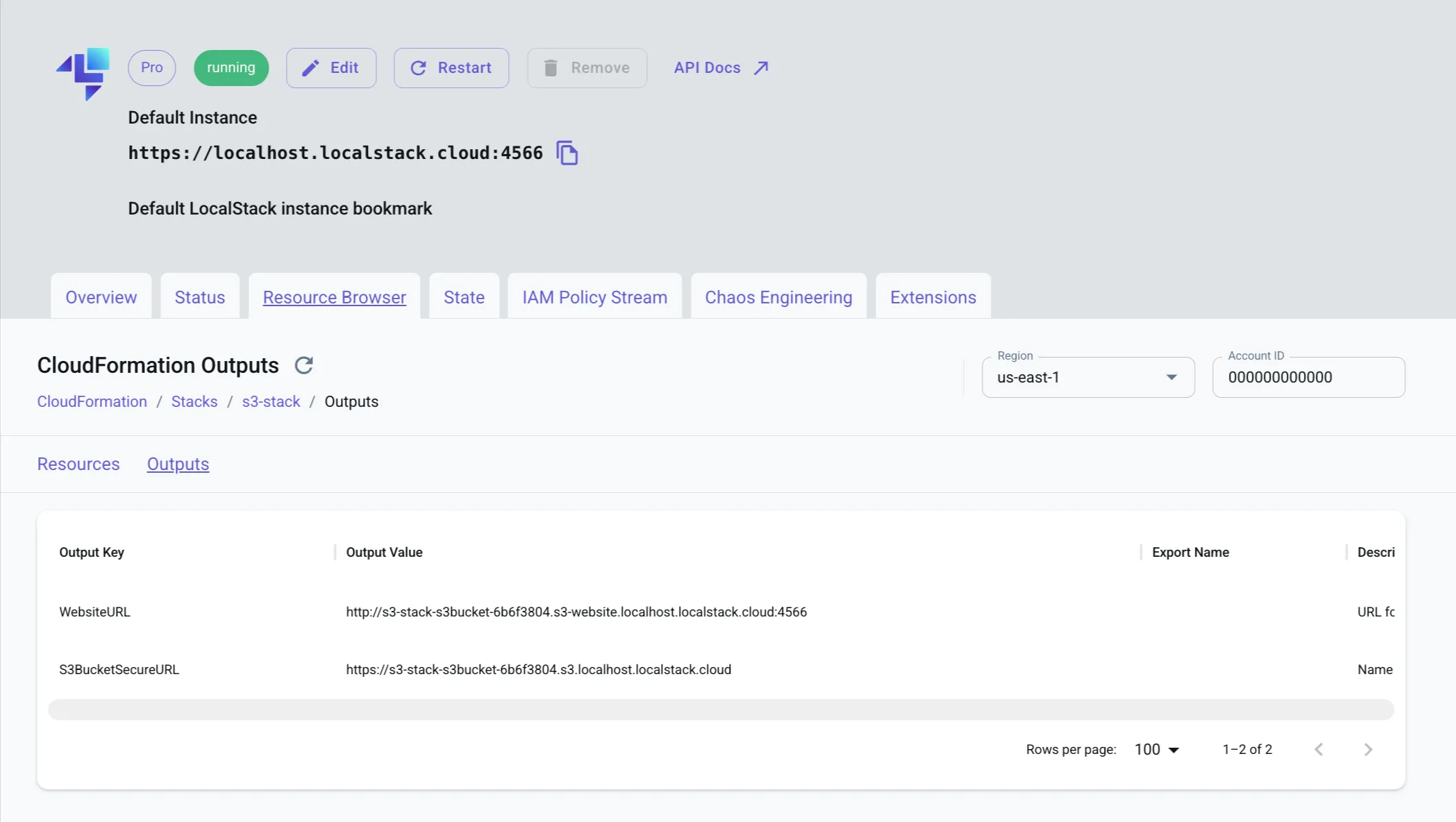 View Stack outputs in the CloudFormation Resource Browser