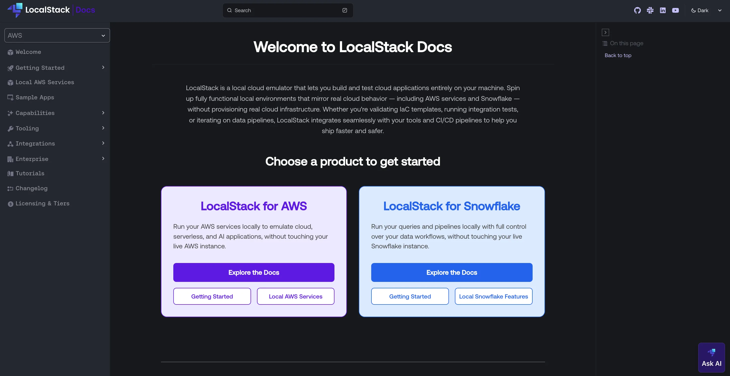 new dark mode LocalStack docs homepage