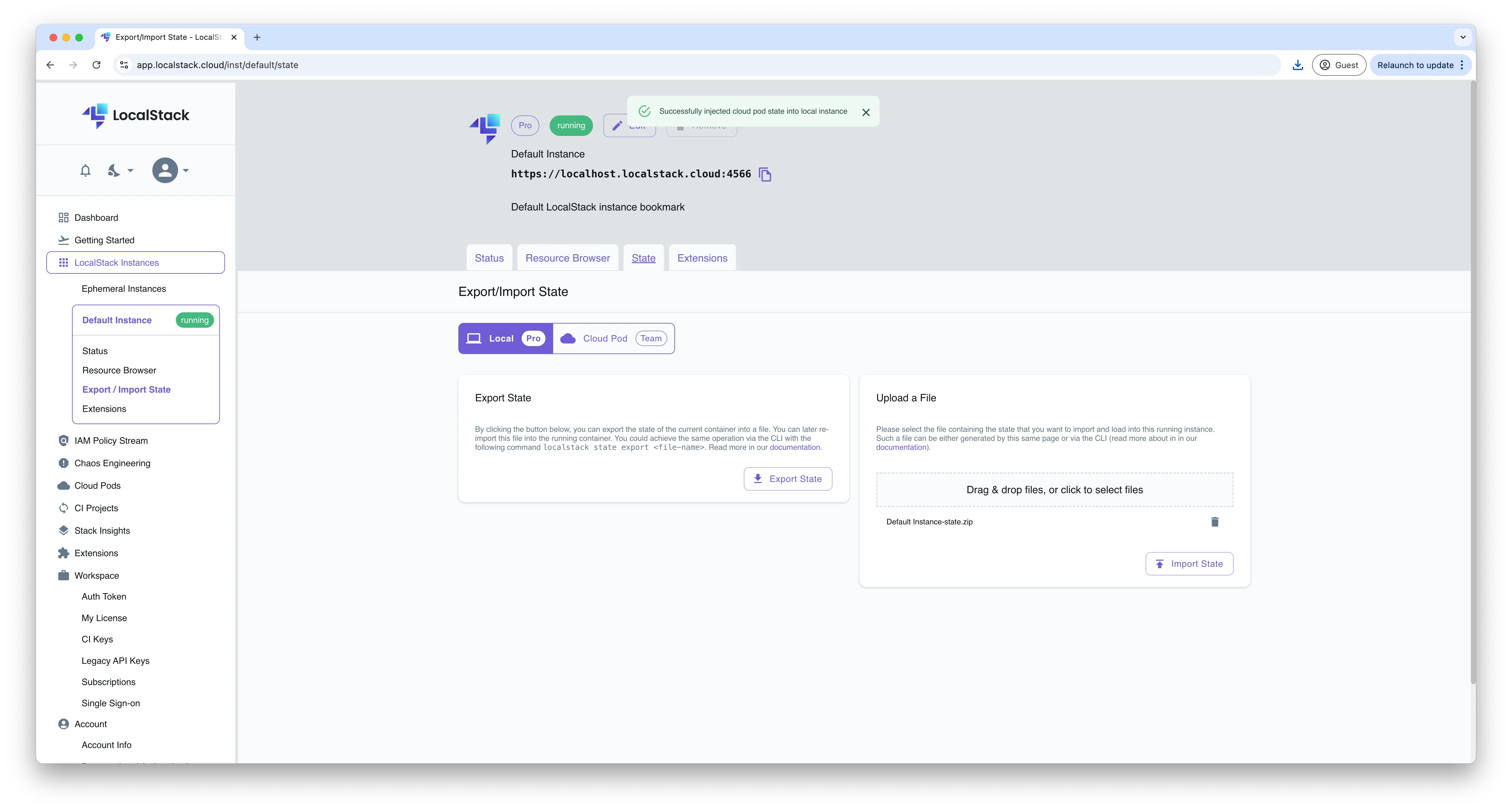 Importing state via Export & Import state dashboard