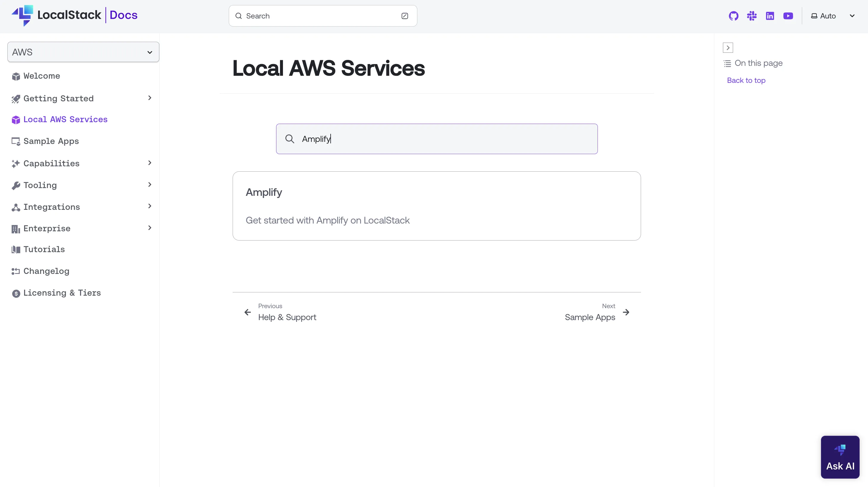 New Local AWS Services Search Bar
