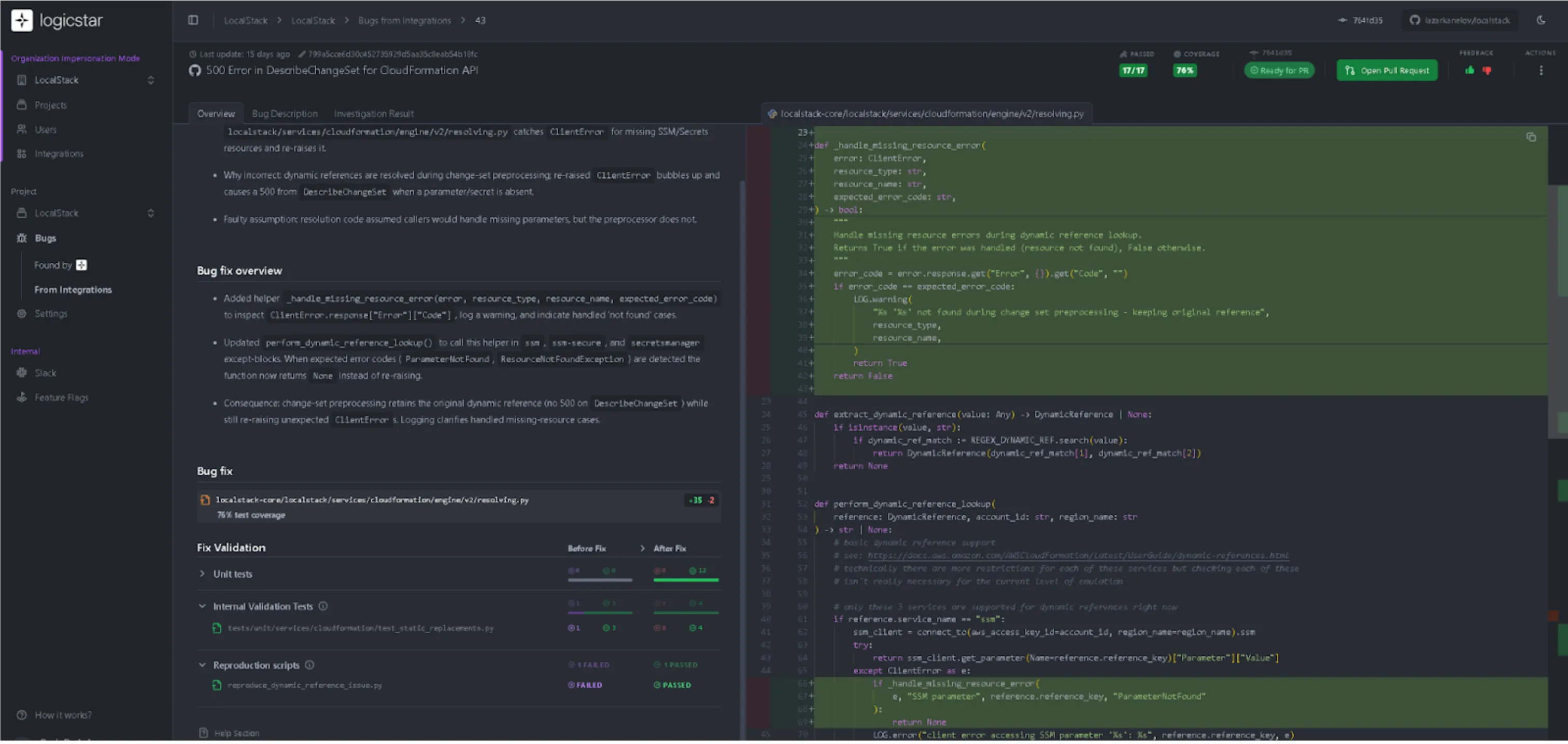A screenshot of a bug identified and fixed in LogicStar"