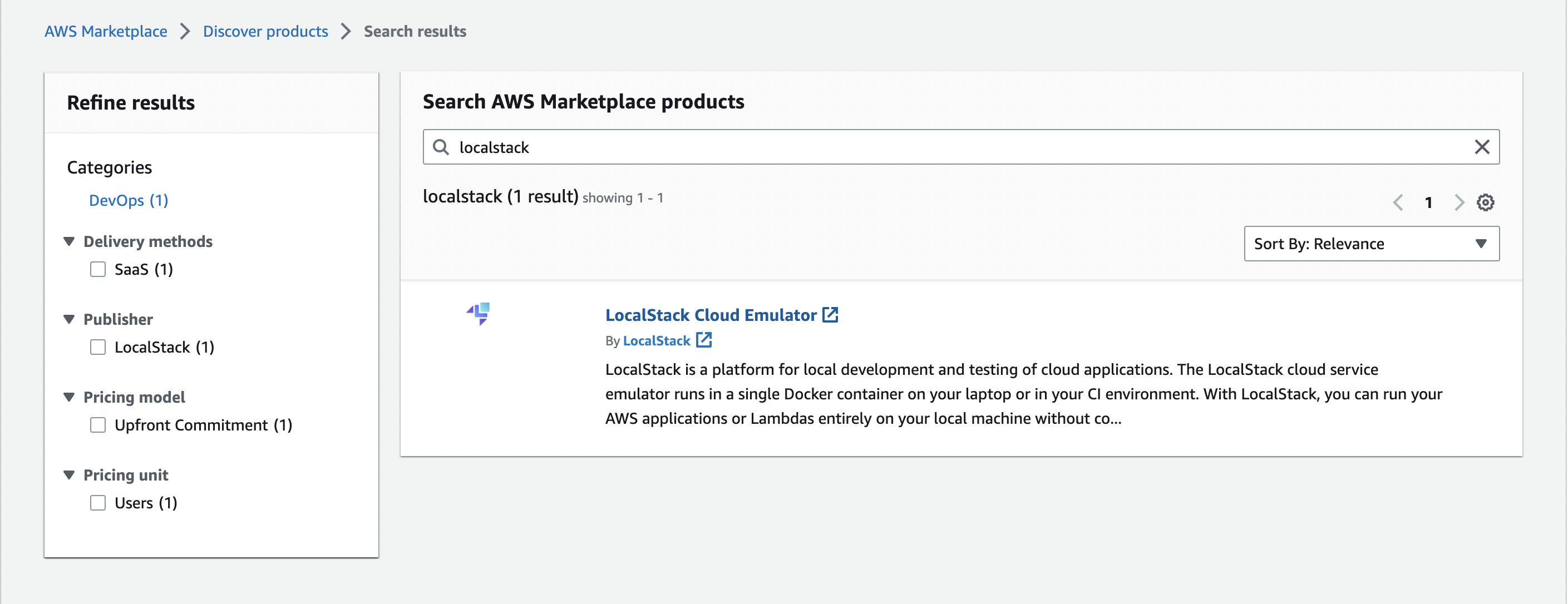 Image of AWS Console showing the LocalStack Cloud Emulator product