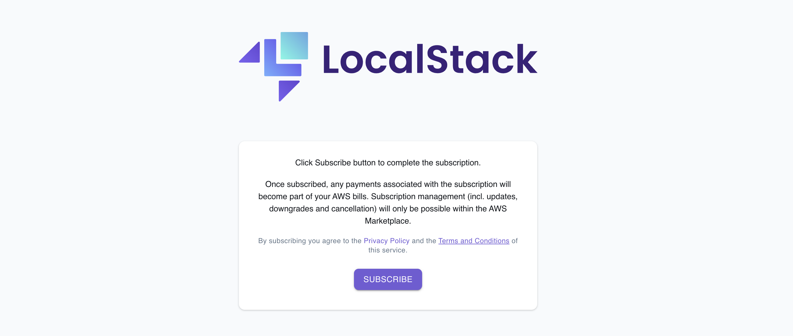 Image of LocalStack Web Application showing a subscribe button which allows you to complete the subscription
