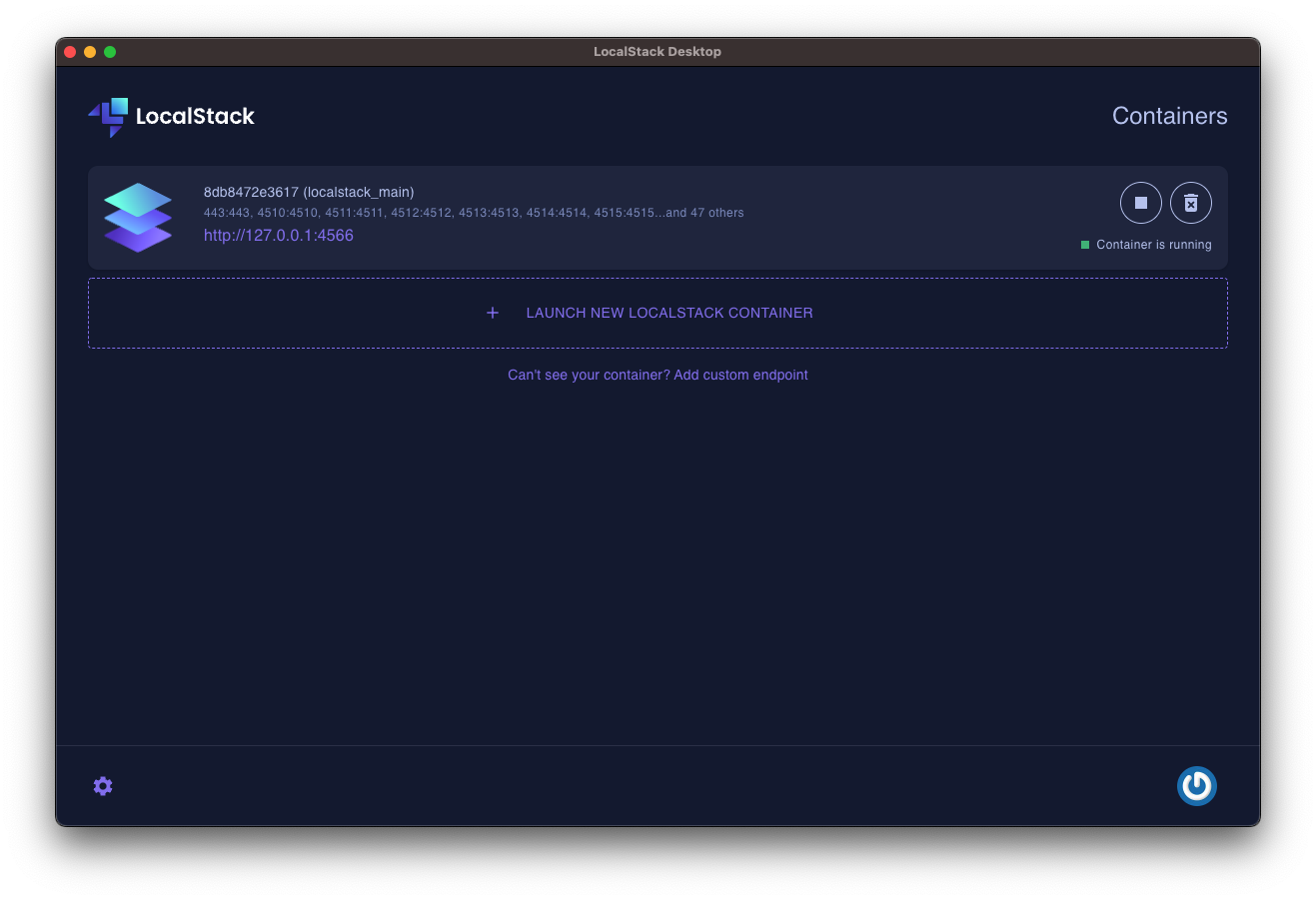 Image of LocalStack Desktop Application showcasing the running containers