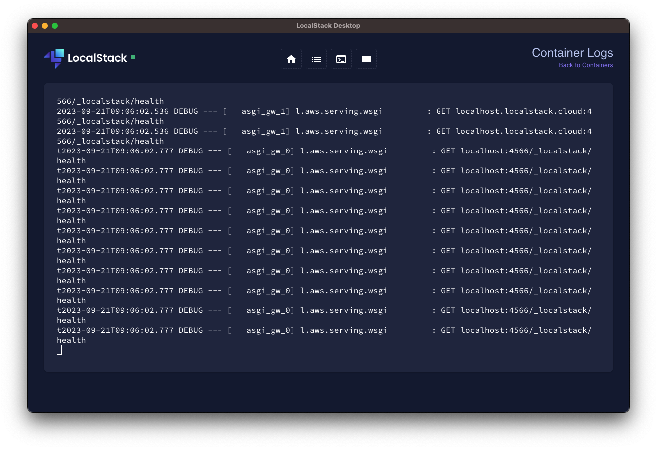 Image of LocalStack Desktop Application showcasing the LocalStack logs