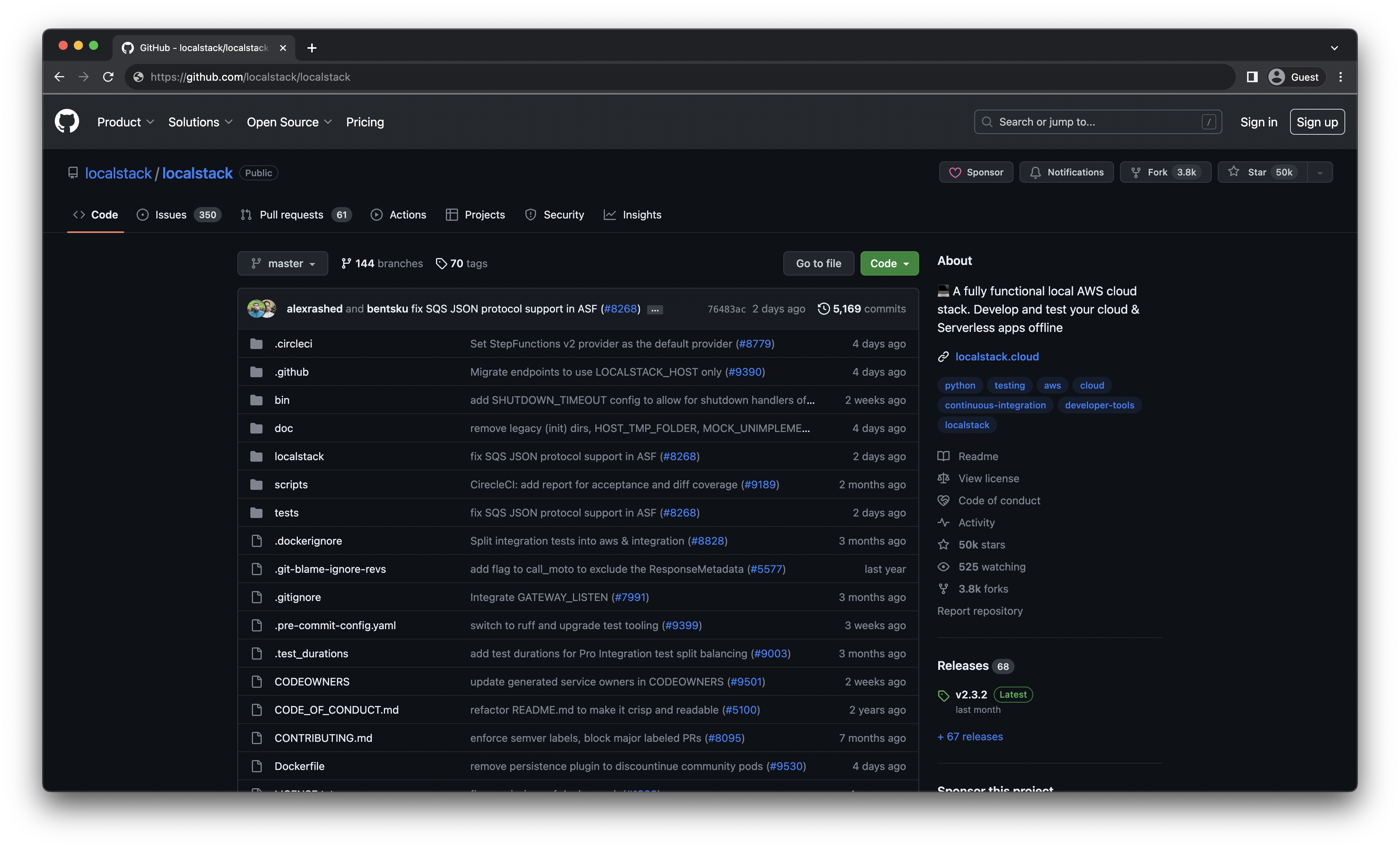 A screenshot of the LocalStack GitHub repository, indicating 50k stars and details of recent activity such as commits and pull requests
