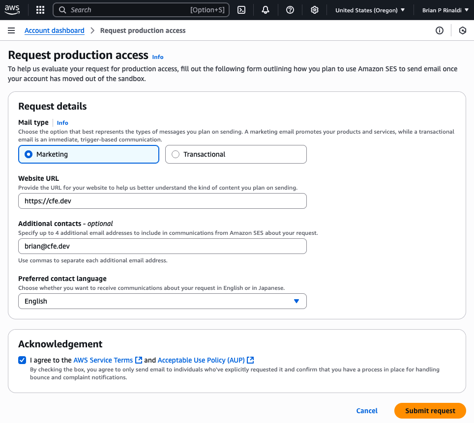 Requesting access to send production emails from SES via the AWS Console