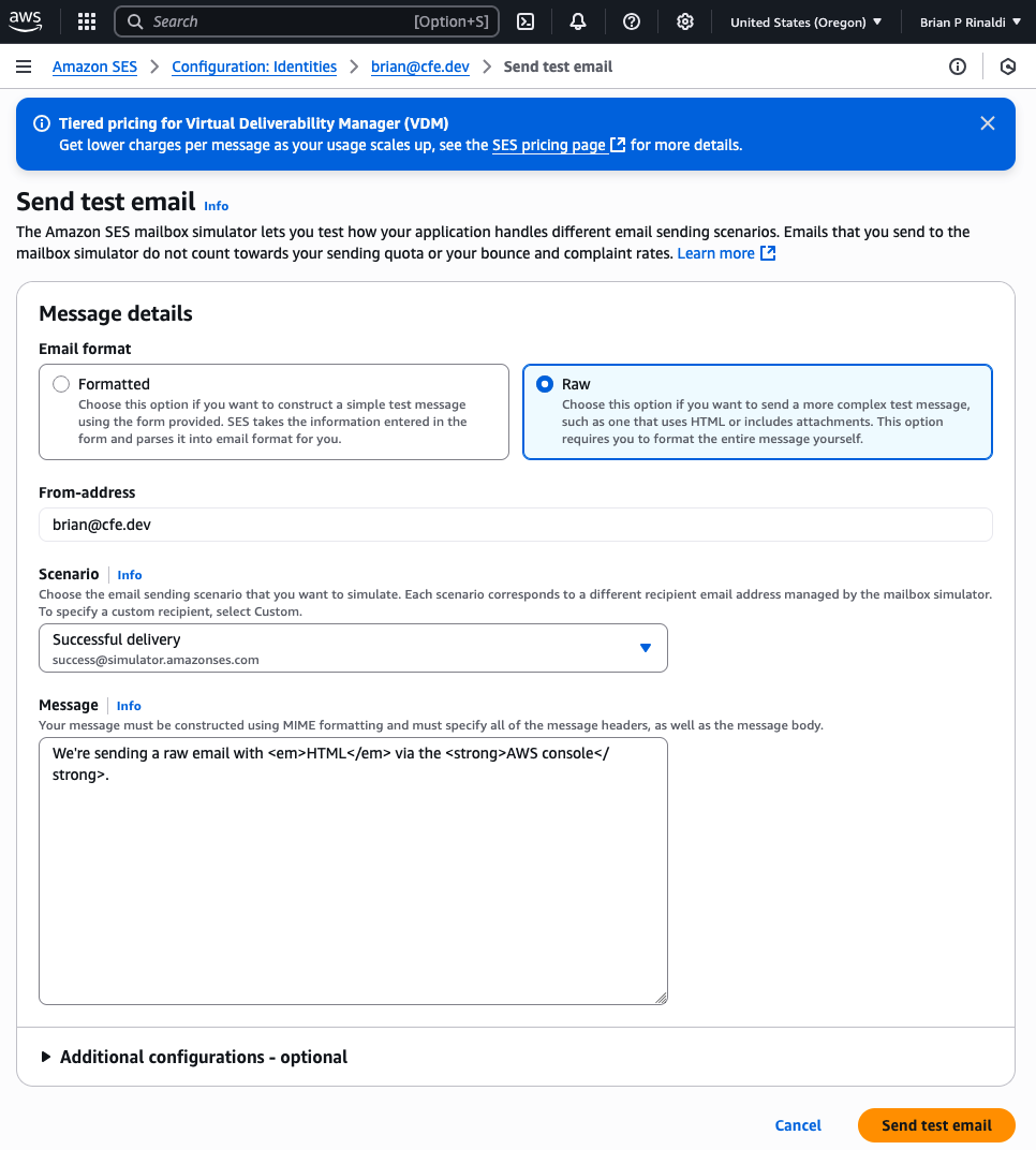 Sending a test email in SES via the AWS Console