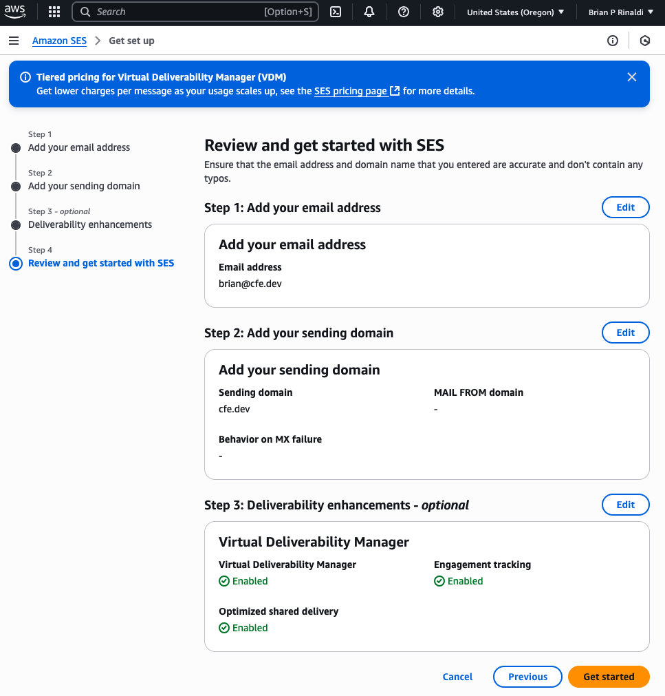 Confirming your SES settings in the AWS Console