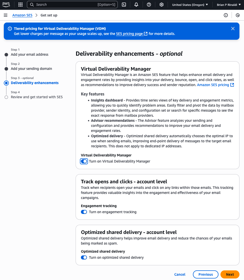 Enabling the Virtual Delivery Manager option to SES in the AWS Console