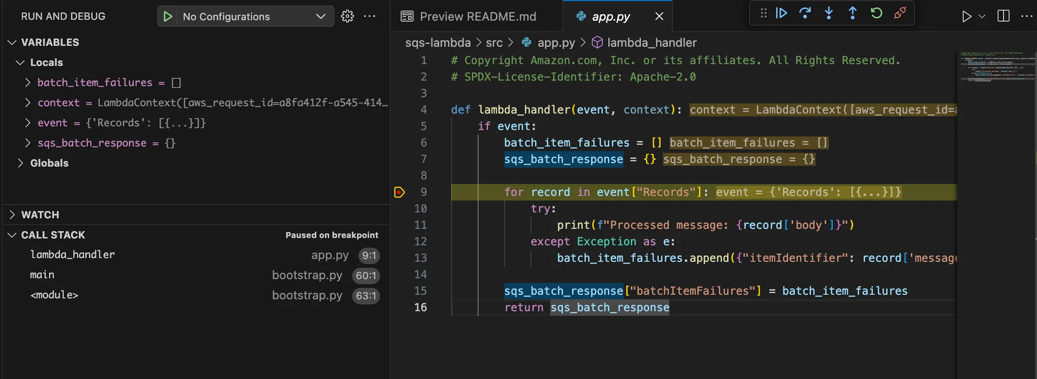 a breakpoint is hit when invoking the Lambda
