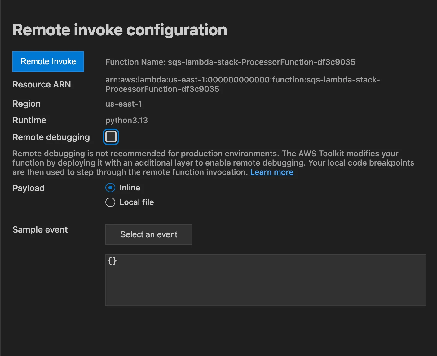 populate a sample event payload to remote invoke the Lambda