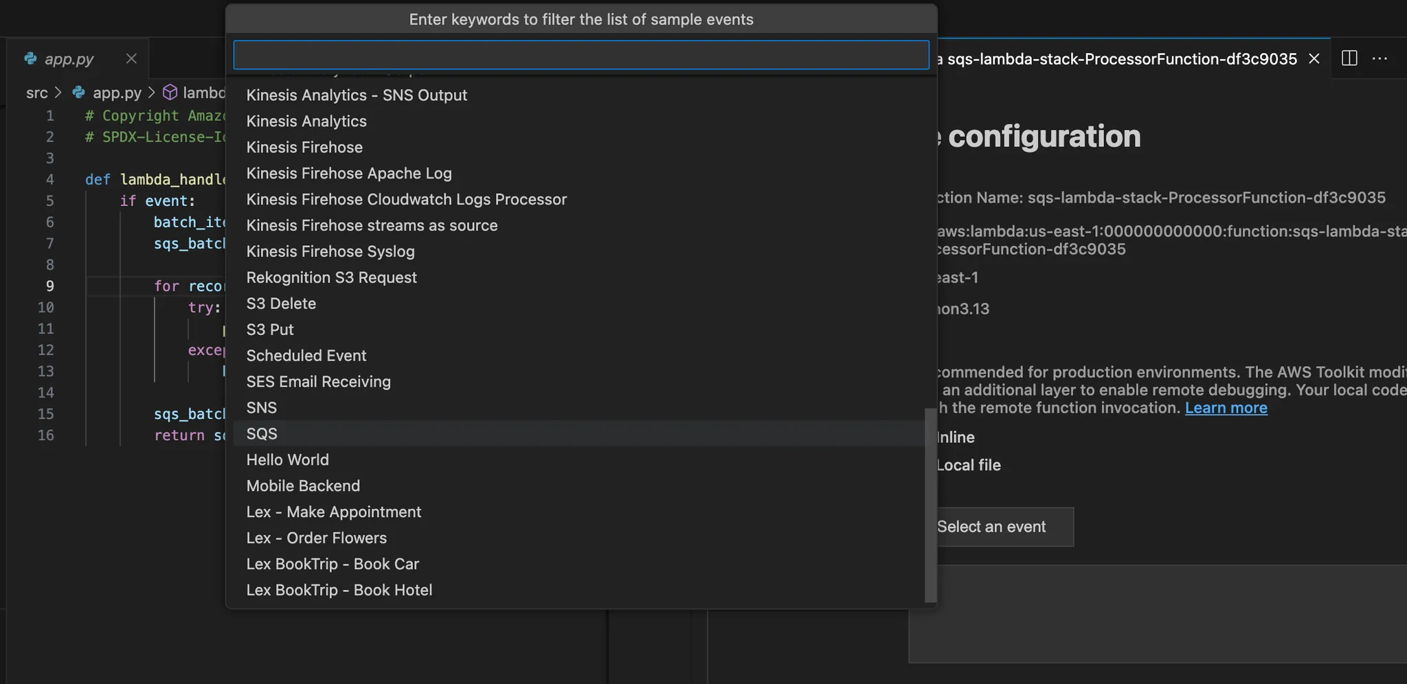 populate a sample event payload to remote invoke the Lambda
