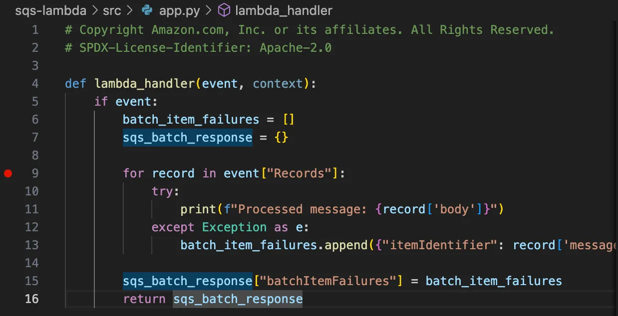 set a breakpoint within the Lambda