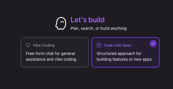 choosing vibe coding or spec coding options in Kiro